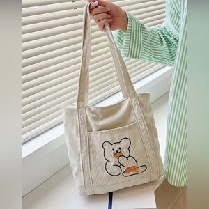 Cute Bear Embroidered Tote Bag - Cream
